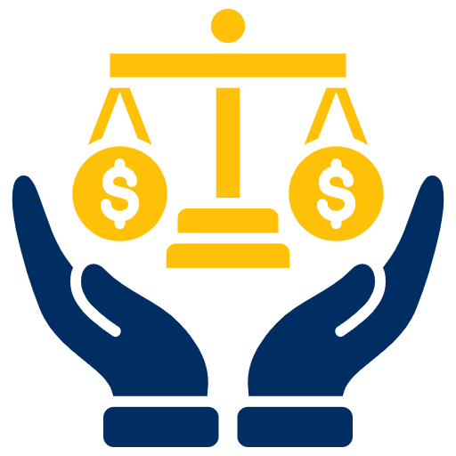 Two hands holding a balanced scale with dollar signs, symbolizing justice and financial compensation in legal cases.