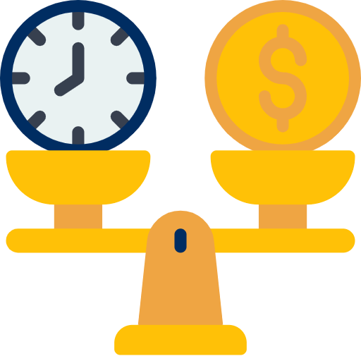 A balanced scale with a clock on one side and a dollar sign on the other, representing time and financial compensation in legal cases.