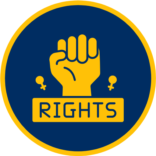 A yellow raised fist with the word 'RIGHTS' on a blue circular background, symbolizing legal advocacy and justice.