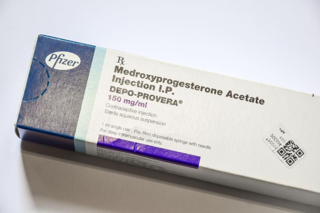 Box of Depo-Provera contraceptive injection containing medroxyprogesterone acetate. Lawsuits claim a link between Depo-Provera use and an increased risk of brain tumors (meningiomas).