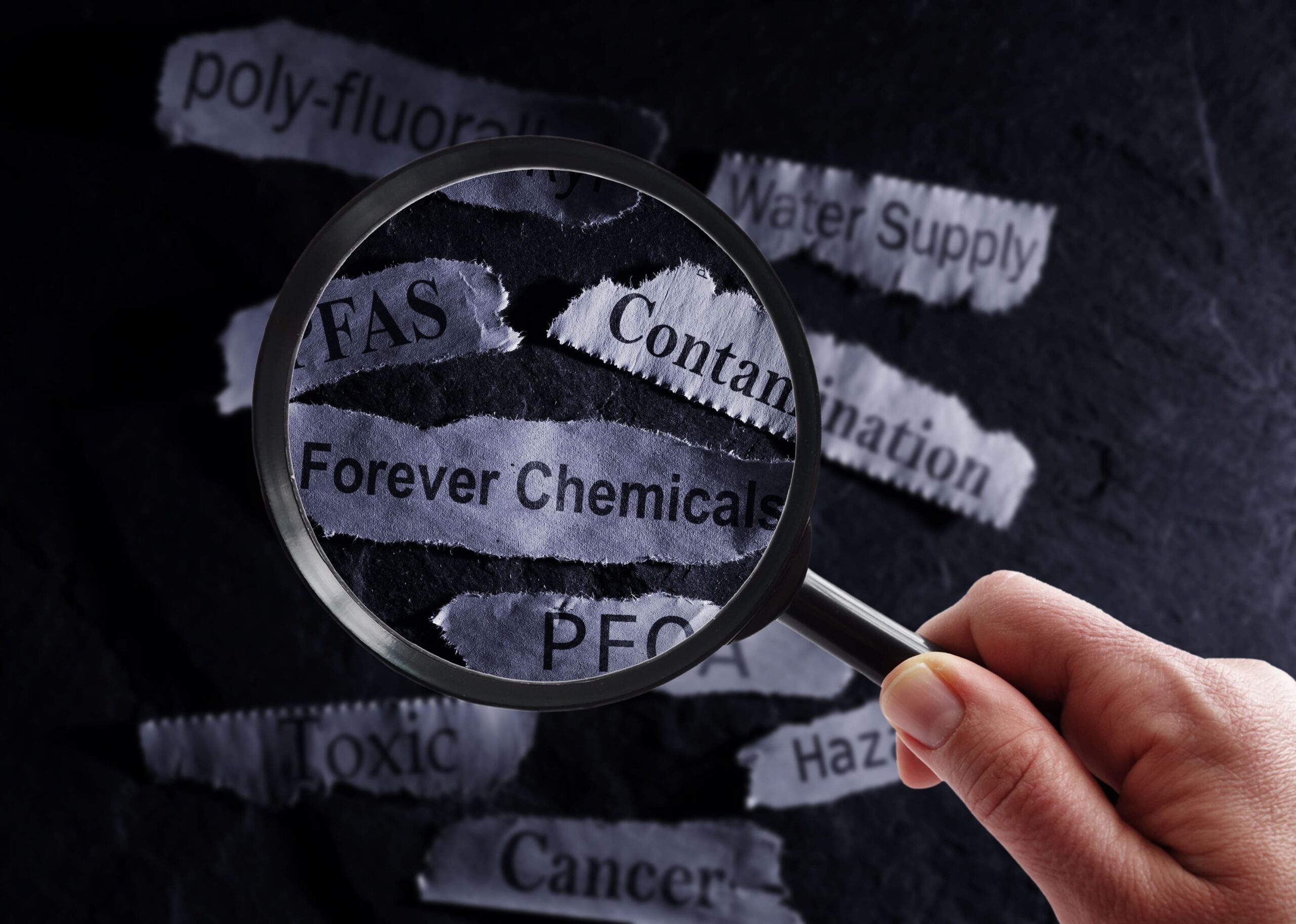 Hand holding a magnifying glass over torn paper revealing the words 'PFAS,' 'Forever Chemicals,' and 'Contamination.' Lawsuits claim PFAS chemicals in water and consumer products cause health risks.
